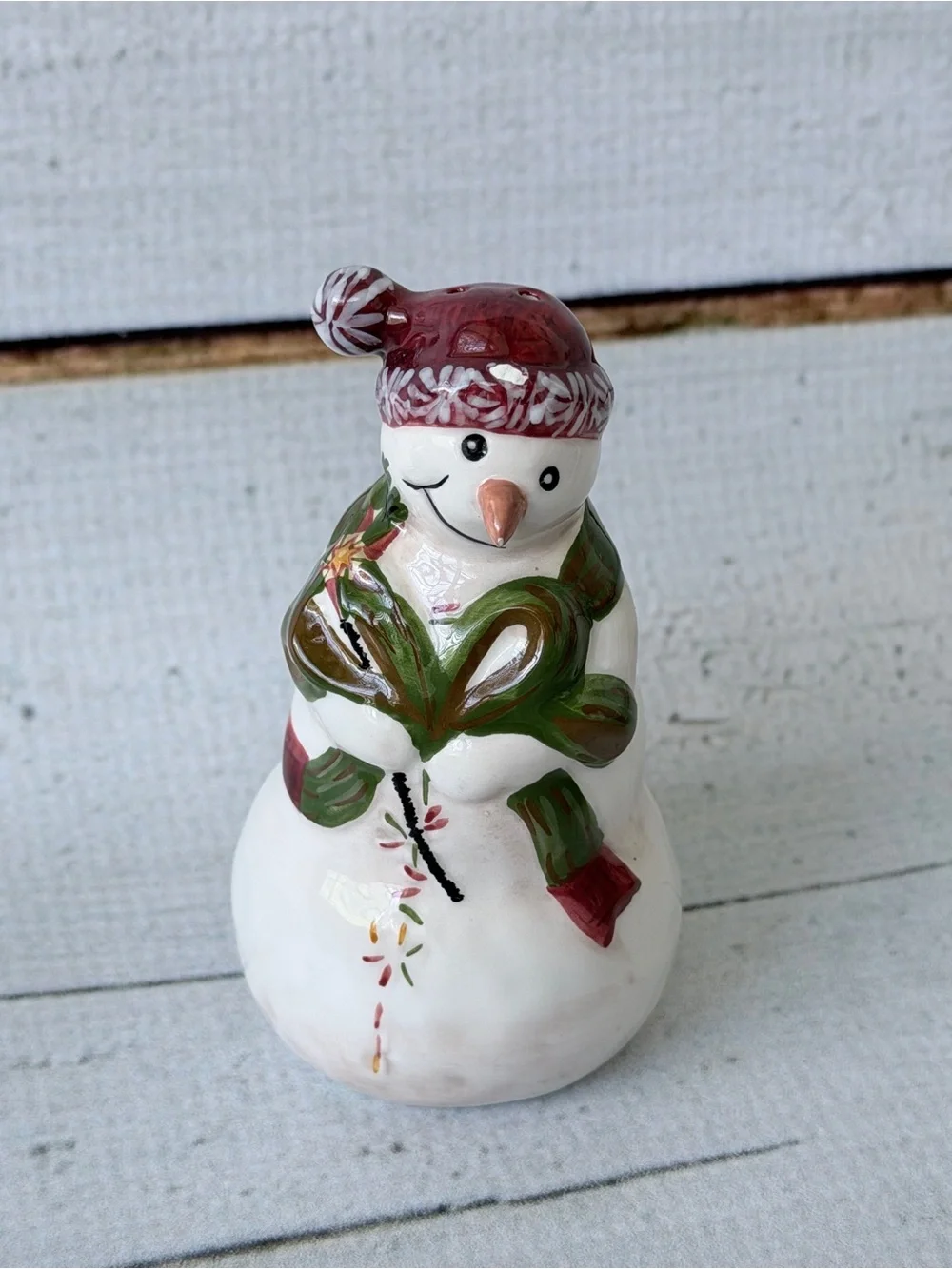 Vintage Ceramic Snowman Christmas Salt & Pepper Shakers Set with Base Tray